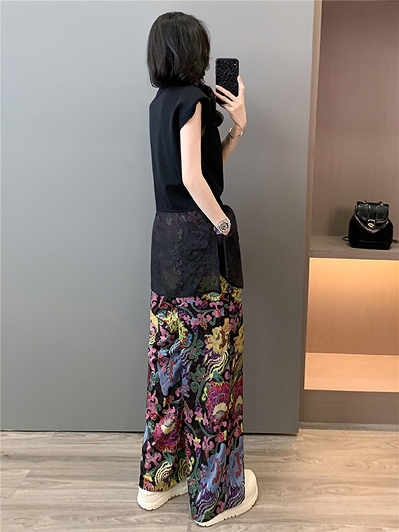 小个子时尚减龄套装显瘦圆领正肩黑色网纱拼接短袖碎花长裤两件套,女装套装/套裙,江南