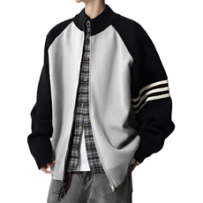 重磅秋冬北极绒开衫毛衣美式复古休闲慵懒风撞色立领针织衫外套，男装针织衫/毛衣，电商A486