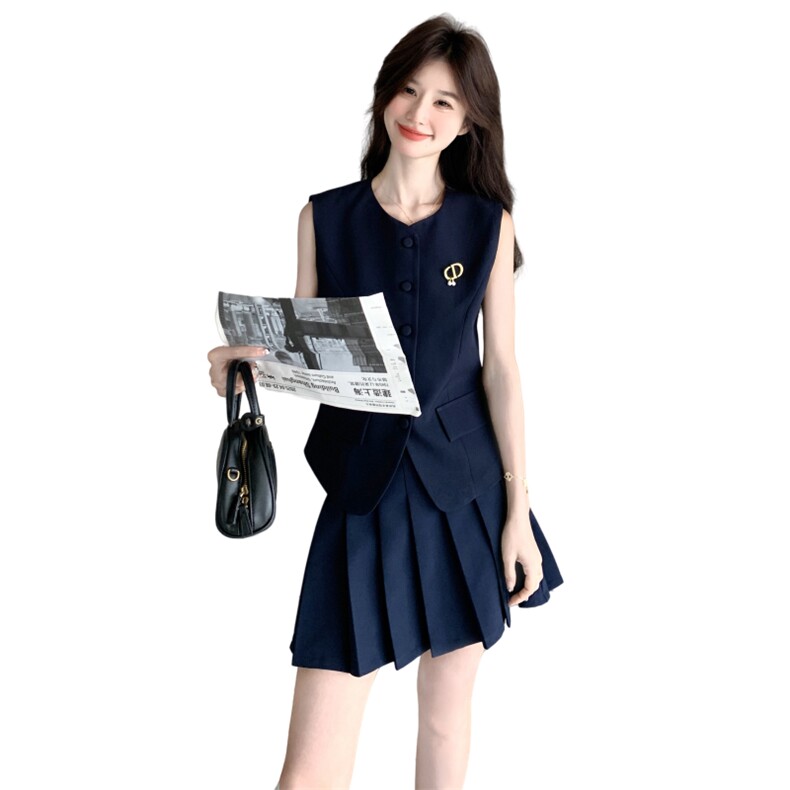 学院风藏青色无袖马甲半身裙套装女2025年夏季新款韩系减龄两件套,女装套装/套裙,2C166
