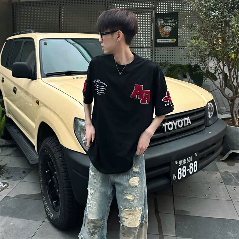 万针全刺绣工艺抖音得物高品质260克重磅纯棉双纱美式高街短袖T恤图片