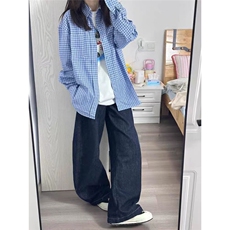 复古长袖格子衬衫女春秋休闲叠穿宽松纯棉上衣，男装衬衫，星座506A