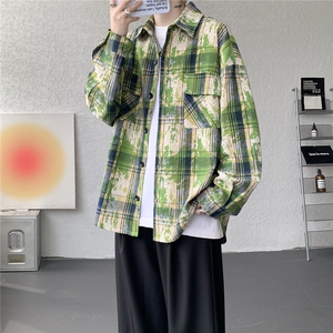 M-8XL美式扎染渐变衬衫工装长袖大码泼墨格子衬衣外套CS9009/P55图片