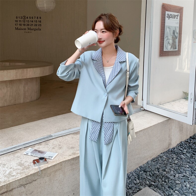 26春新款现-浅蓝温柔风拼接格子西装套装2628-P180K288,女装套装/套裙,2B190