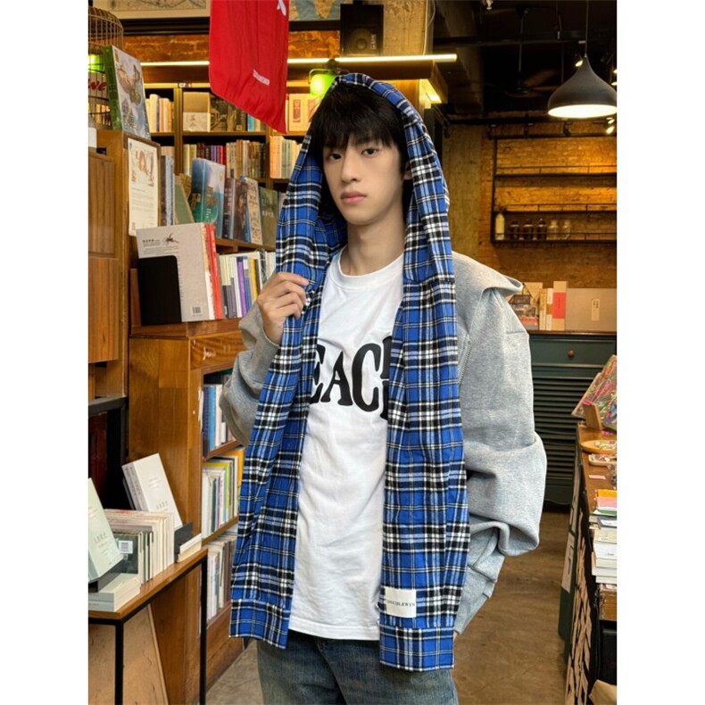 【有货】假两件格子拼接卫衣男款设计感连帽开衫外套JL97LL-特P68,男装卫衣,星座1007（原301D）