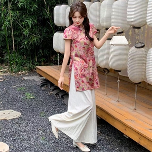 慕未家J夏装新款立领打褶中长上衣松紧腰短裤时尚国风套装熹58298图片