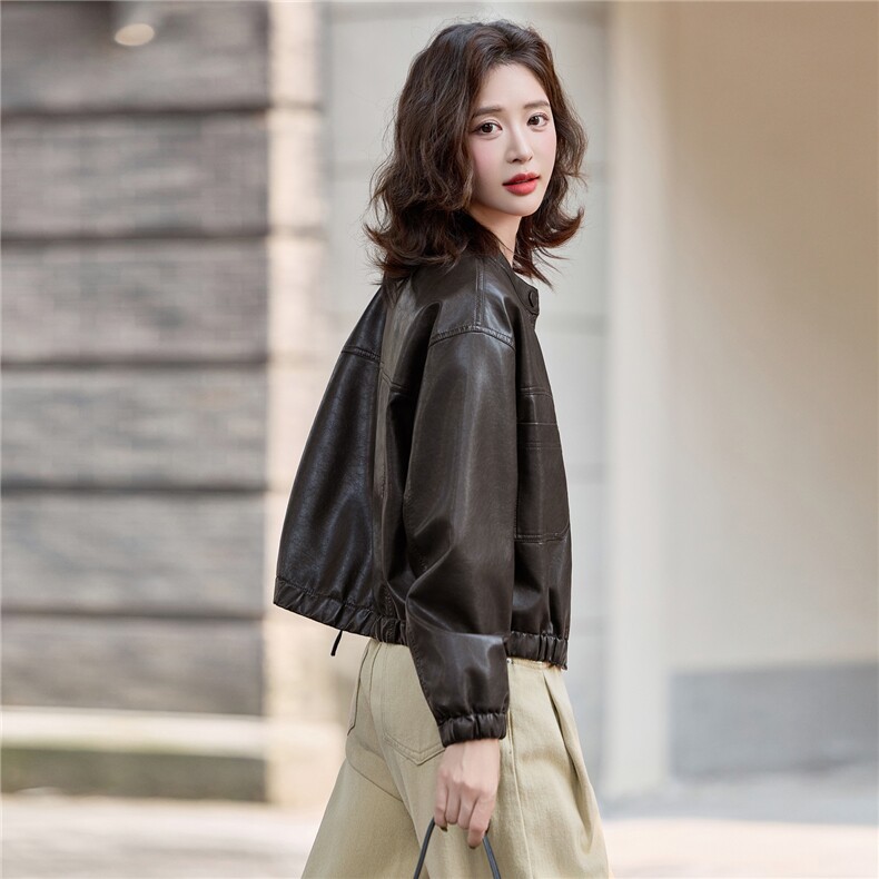 帅气酷飒风立领皮衣外套女2025秋季新款高级感休闲百搭皮夹克上衣,女装皮衣,臻衣坊