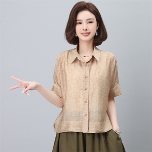 2024夏季新款印花天丝小衫 宽松显瘦短袖衬衫图片