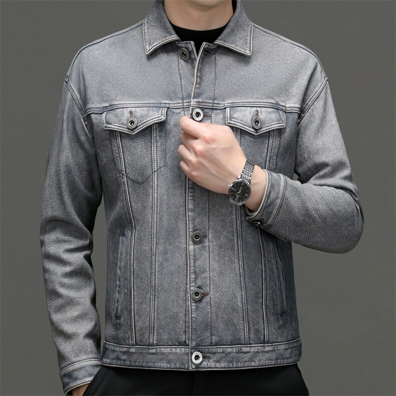 2312秋冬新款男士皮衣牛皮外套翻领工装男装夹克牛仔风P1250，男装皮衣，电商B360