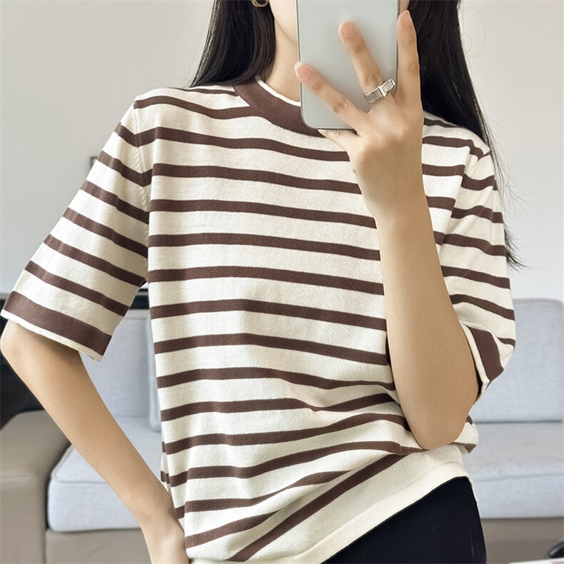 夏季新款圆领100%纯棉女条纹套头短袖韩版百搭上衣T恤针织打底衫,女装T恤,洁纯羊绒