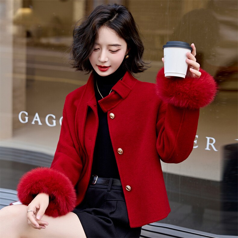 红色双面毛呢外套小个子短款女2024年秋冬季新款洋气百搭羊毛大衣,女装毛呢外套,半夏
