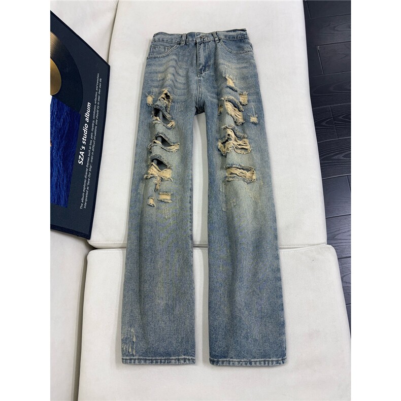 B221美式ins高街暗黑宽松直筒破洞牛仔裤LK25504-特P45控78，男装牛仔裤，电商B221