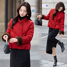 新中式guo风2025年冬季新年主推款可拆卸袖毛暗纹提花气质棉衣，女装棉衣/棉服，乐吉娜