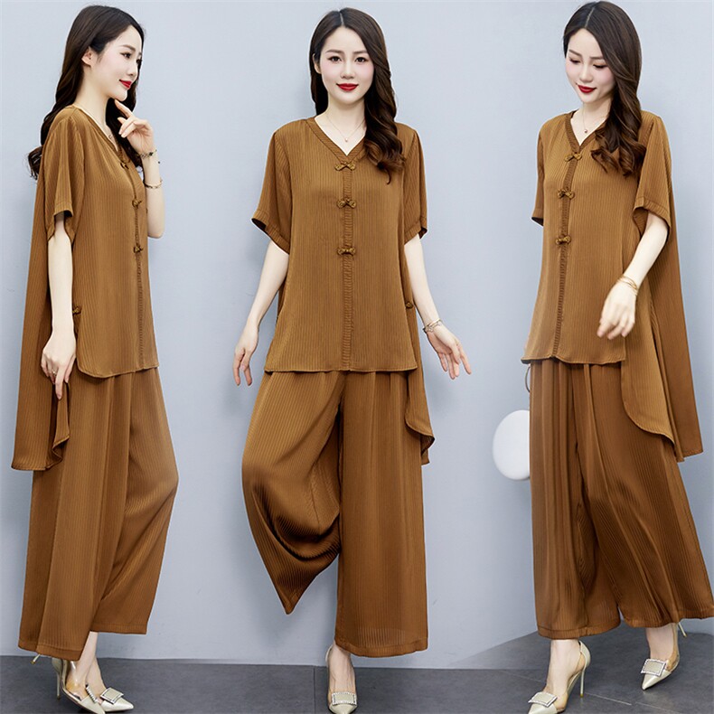 贵夫人妈妈休闲时尚套装女夏大码胖mm宽松遮肚藏肉阔腿裤两件套，女装套装/套裙，缘衣格