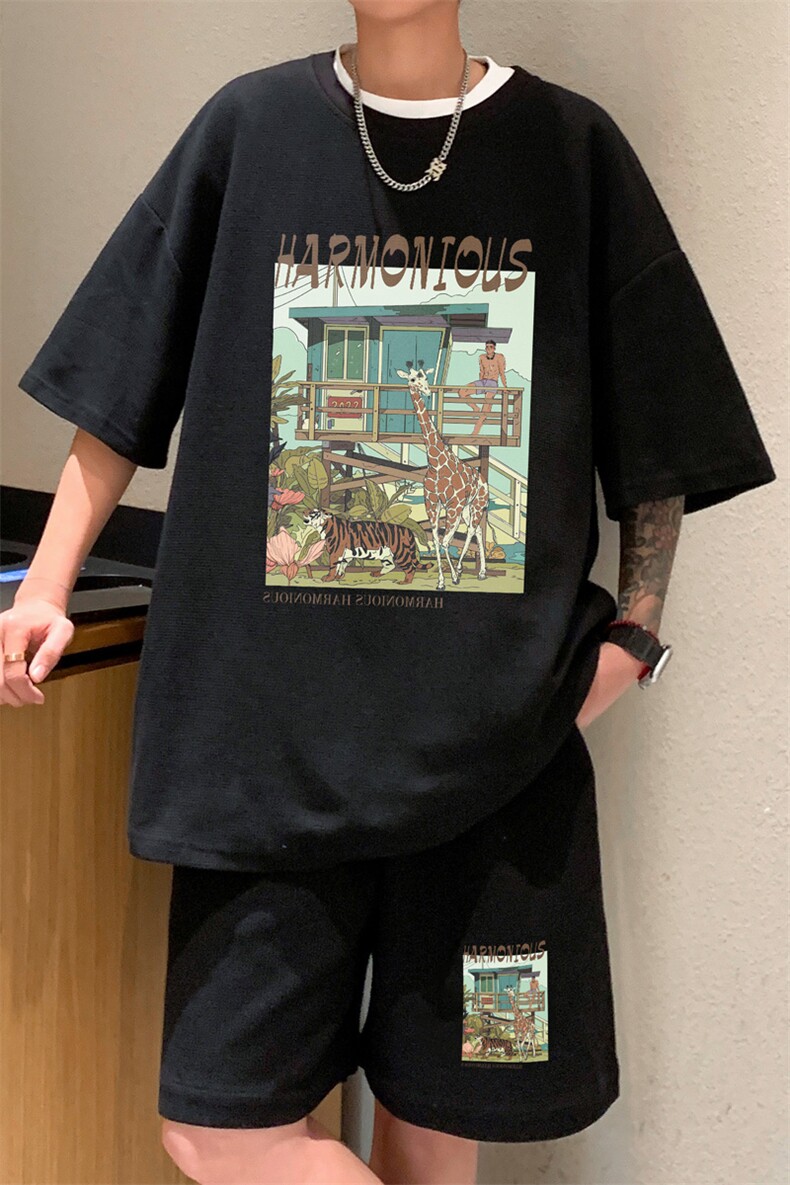 ！2025夏季新款男士华夫格短袖T恤套装百搭学生一套HTZ97P50,男装T恤,电商B220