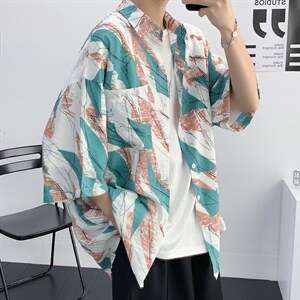 潮牌五分袖衬衣2021短袖衬衫半袖男韩版帅气流行休闲 W679-P35图片