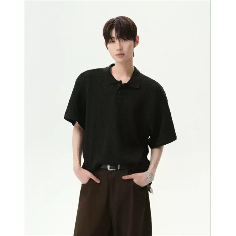 网图宽松肌理感针织polo衫男2025夏复古翻领T恤透气老钱短袖P35，男装Polo衫，电商C306-1