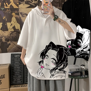 LD54153-P45 连帽短袖t恤男大码胖子带帽五分袖中袖 海报风图片