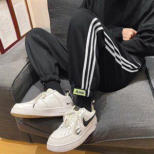 运动裤男宽松帅气百搭休闲裤港风ins条纹加绒束脚卫裤潮K533-p35图片