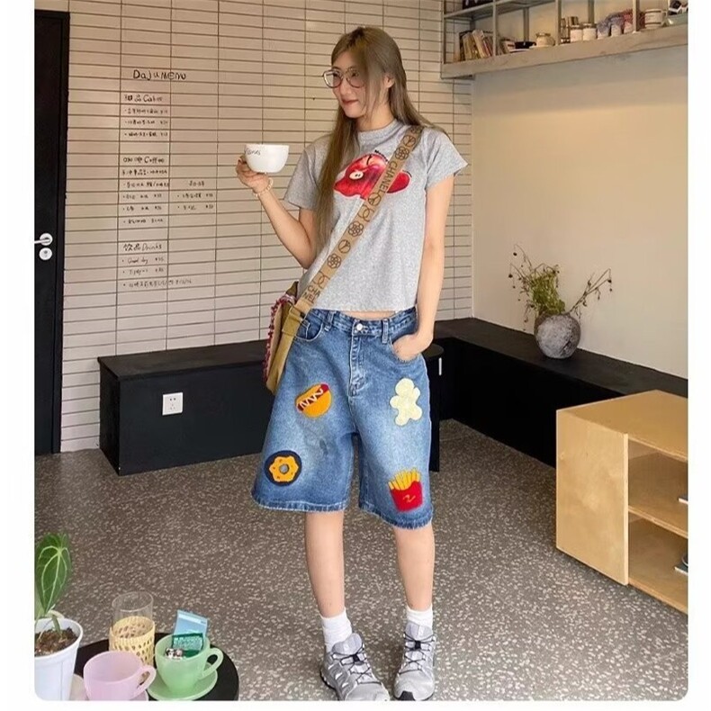 水洗小众牛仔短裤男女款夏季vibe美式复古宽松休闲刺绣直筒五,男装牛仔裤,星座218-1（原230）