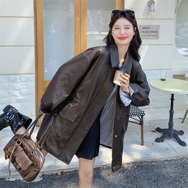 美式复古咖色翻领皮衣外套女春秋2025新款又酷又飒PU夹克流行爆款,女装皮衣,2C299