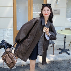 美式复古咖色翻领皮衣外套女春秋2025新款又酷又飒PU夹克流行爆款，女装皮衣，2C299