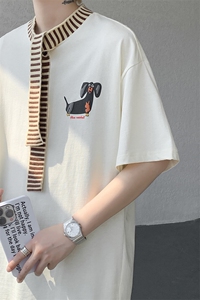 8XL-M 纯棉复古拼接假领带设计短袖美式T恤男重工情侣上衣潮DX341图片
