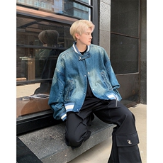 美式复古水洗宽松短款牛仔外套休闲百搭棒球服，男装工装外套，星座410-6（原星座1304-1）