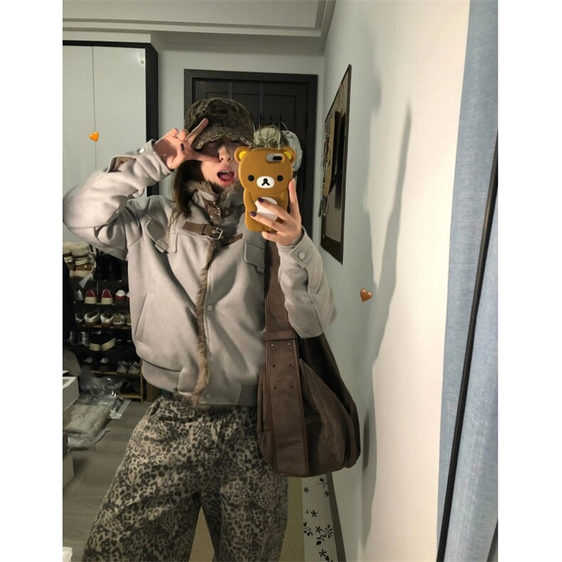 鹿皮绒双层加绒内里座山雕黑色灰色潮流加厚外套男女款ZS600P101,女装短外套,星座1112-1