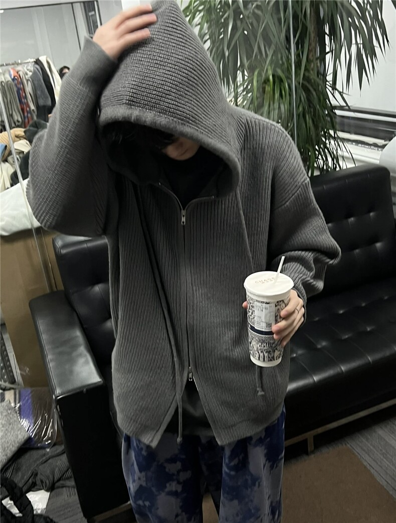 濮院针织双头拉链慵懒连帽套头毛衣休闲宽松情侣衫外套MF99p65,男装针织衫/毛衣,电商D256-2(原A064-2)