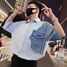 S19/P48控68夏季社会小伙设计感拼接镂空牛仔短袖衬衫男浅蓝首3，男装衬衫，星座305B