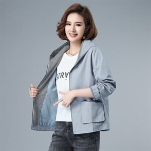 女士纯棉短款外套2021春秋季新款韩版时尚连帽拉链全棉上衣妈妈装，女装短外套，伊满意