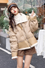 仿羊羔毛拼接羽绒服女2024冬季新款短款立领小个子90白鸭绒加厚外套，女装羽绒服，韩蜜菓