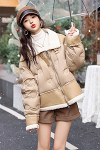 仿羊羔毛拼接羽绒服女2024冬季新款短款立领小个子90白鸭绒加厚外套图片