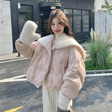 新款现！羊羔毛翻领手套粉色羽绒服外套2C133-6011-P285-K408，女装羽绒服，2C133