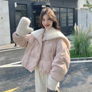 新款现！羊羔毛翻领手套粉色羽绒服外套2C133-6011-P285-K408图片