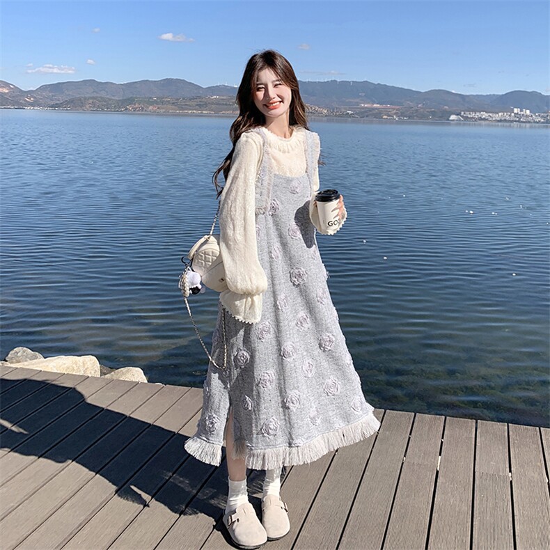 森系度假风背带连衣裙套装女2025春季新款超好看甜美小香风两件套图片