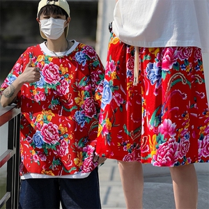 TZ2008男士夏季圆领短袖短裤人棉东北大花布透气凉爽套装大码男图片