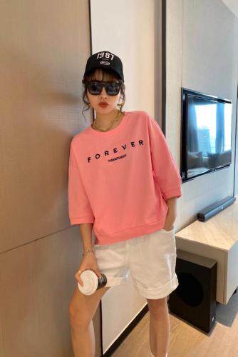 【现货】夏季新款针织防晒拼接字母刺绣印花七分袖圆领卫衣，女装卫衣/绒衫，微迪菲