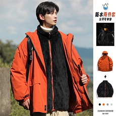 秋冬三合一连帽双层冲锋衣纯色宽松港风情侣棉袄外套MY9318-P-115，女装短外套，电商A128