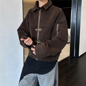春秋美式复古解构飞机扣短款夹克男女麂皮绒潮流外套潮W6832-P77图片
