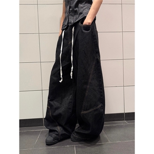CP1256-P59 美式立体裁剪弯刀裤水洗做旧拼接腰头拖地阔腿长裤图片