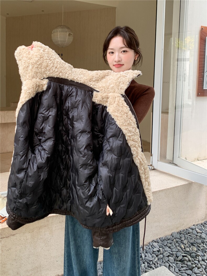 咖色羊羔毛翻领羽绒内胆皮衣外套女2025冬季新款时髦洋气保暖上衣,女装皮衣,艾米莉亚