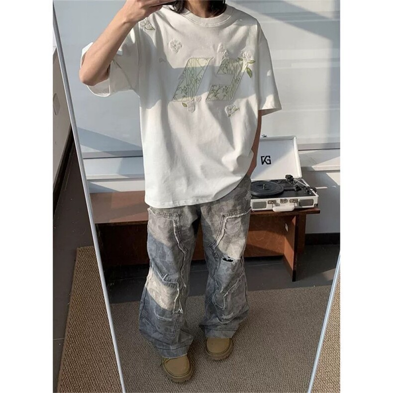 网图有货花伴竹纯棉刺绣短袖T恤男女情侣宽松花卉上衣A469-P35,男装T恤,星座1505