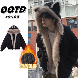 网图猫耳朵座山雕棉服男款冬季加绒加厚美式连帽外套MYR310-特P90图片