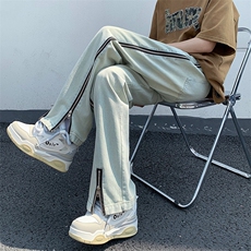 黄泥色牛仔裤男夏季薄款拉链设计感高级阔腿美式高街宽松直筒裤子，男装牛仔裤，星座410-7