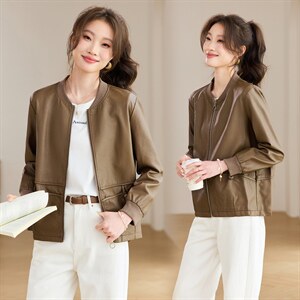 2026年春季棒球领休闲水洗皮短款外套，女装皮衣，文熹诺