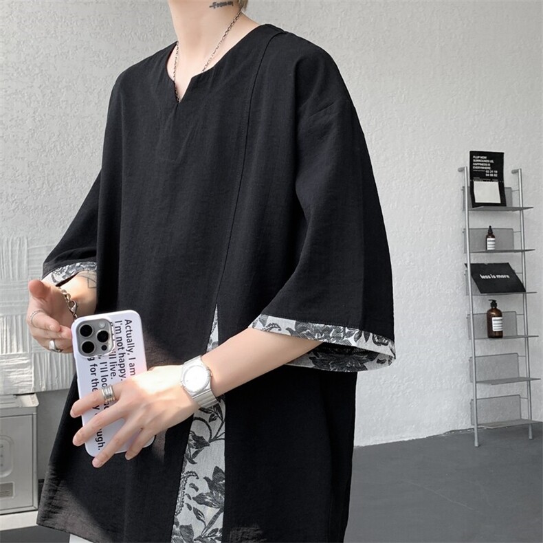 新中式短袖天丝亚麻T恤大码风民族风拼接棉麻半袖DX1223/P48,男装T恤,电商B238