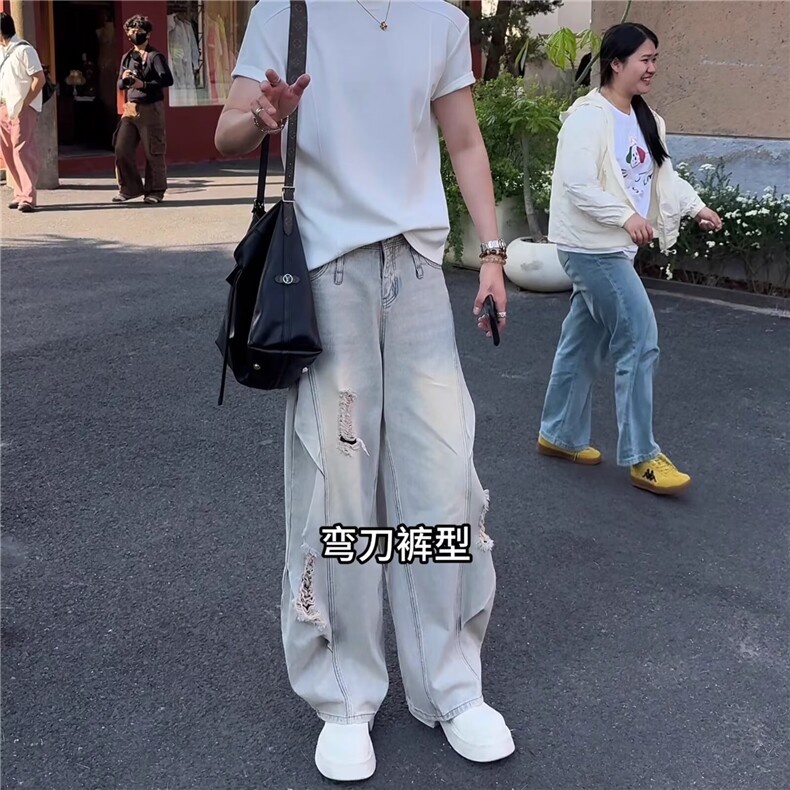 春夏新品原创设计款水洗破洞牛仔裤男美式高街休闲弯刀长裤,男装牛仔裤,星座506A