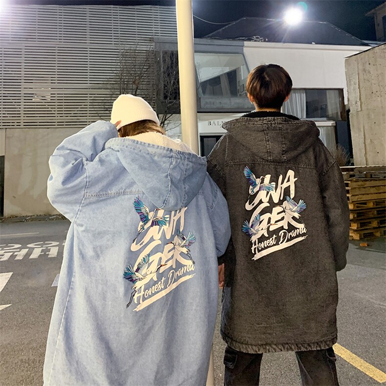 港风冬季加绒羊羔毛牛仔棉衣中长款连帽棉服情侣风衣MY98,男装棉衣,电商D202