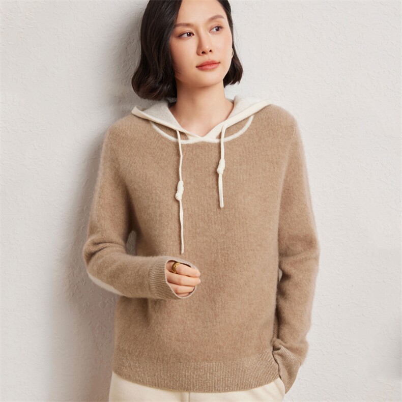 时尚女士羊绒连帽衫10%羊绒秋冬保暖舒适显瘦百搭长袖针织衫,女装羊绒衫,臻维羊绒